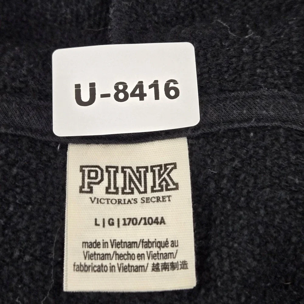 PINK Victoria's Secret Women‎ Hoodie L Black Cropped Colorblock Logo Long Sleeve